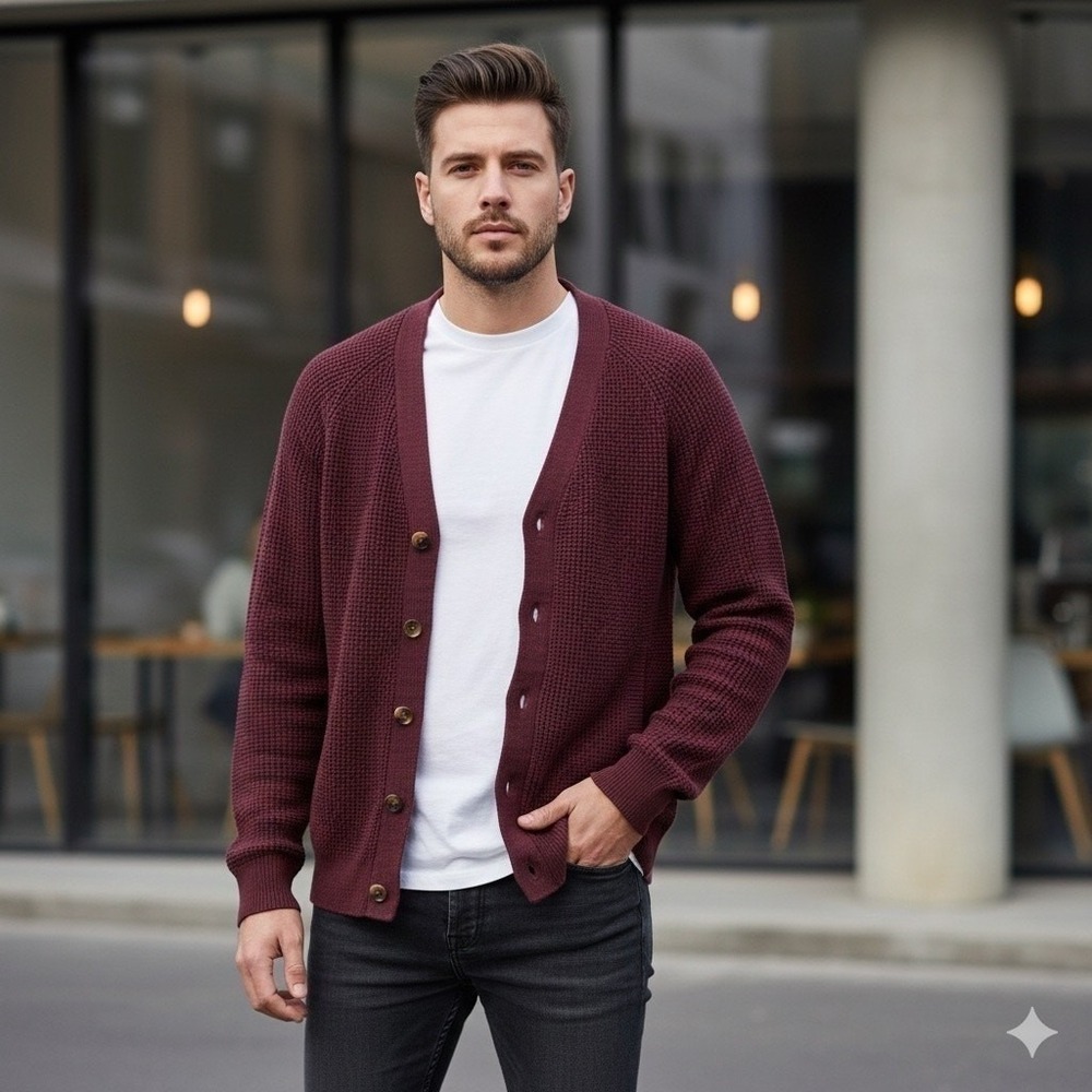 A-Frame Cardigan Mens M Cotton Chunky‎ Knit Sweater Old Money  Burgundy Medium
